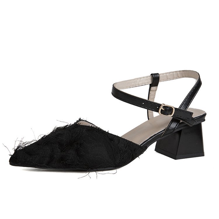 高跟鞋 布面橡膠細跟絨面尖頭一字式扣帶淺口單鞋性感仙女風休閒女鞋-細節圖5