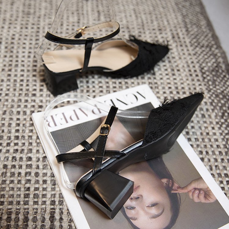 高跟鞋 布面橡膠細跟絨面尖頭一字式扣帶淺口單鞋性感仙女風休閒女鞋-細節圖6