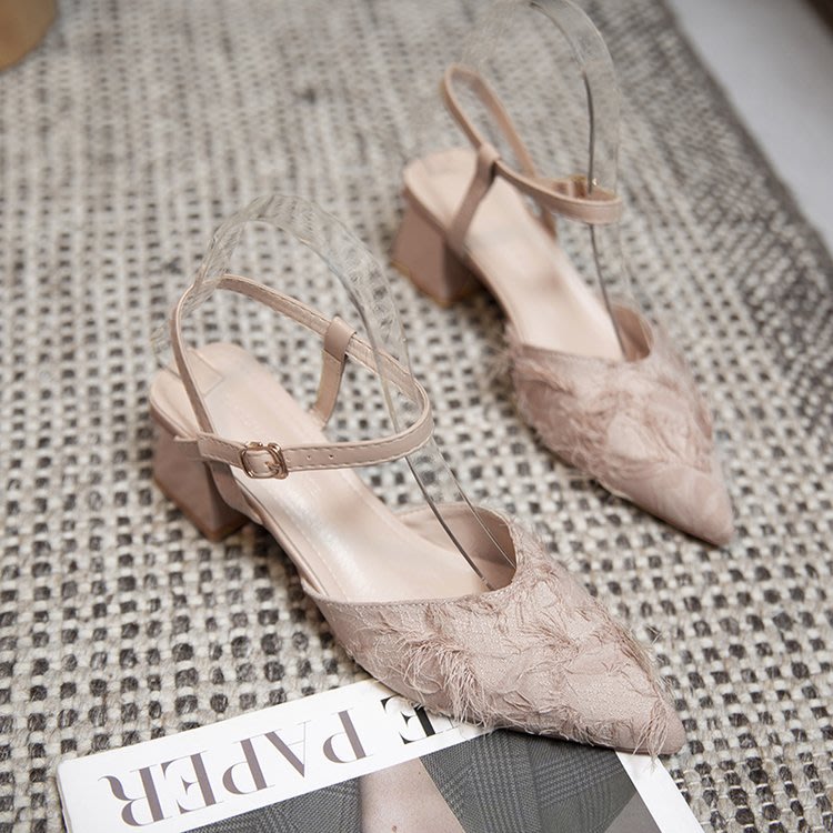 高跟鞋 布面橡膠細跟絨面尖頭一字式扣帶淺口單鞋性感仙女風休閒女鞋-細節圖7