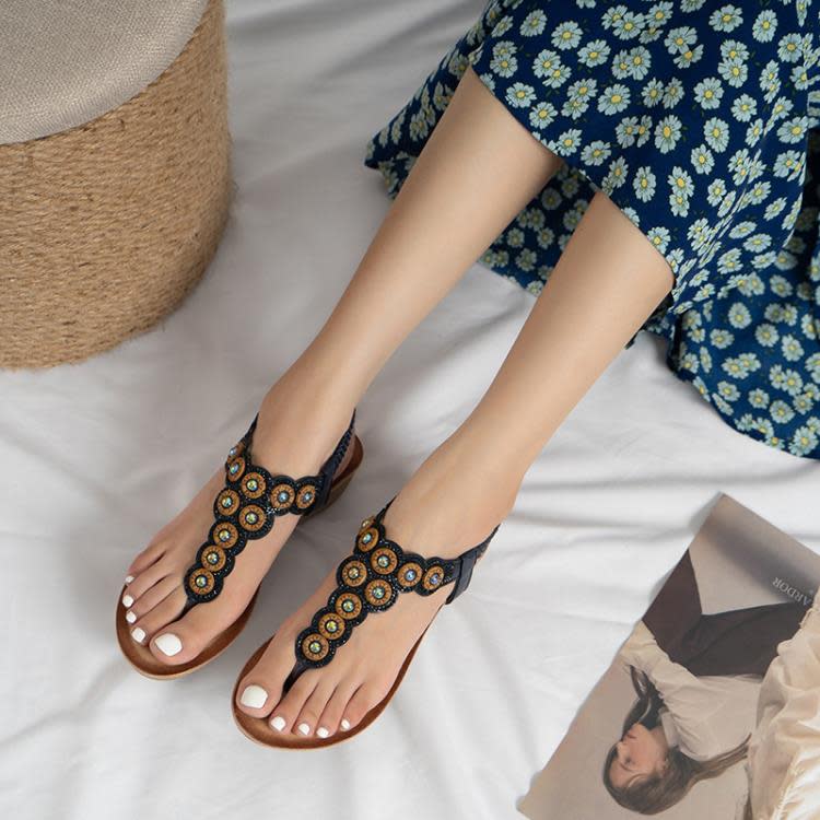 厚底鞋 wedge人字波西米亞風sandals水鉆坡跟涼鞋女夏季外穿復古涼拖-細節圖2