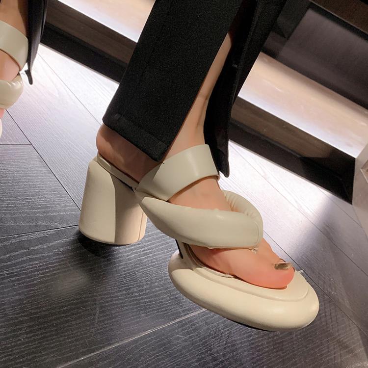 高跟鞋 夾趾拖鞋2023春季新款鞋粗跟時裝鞋外穿厚底分趾拖鞋-細節圖2