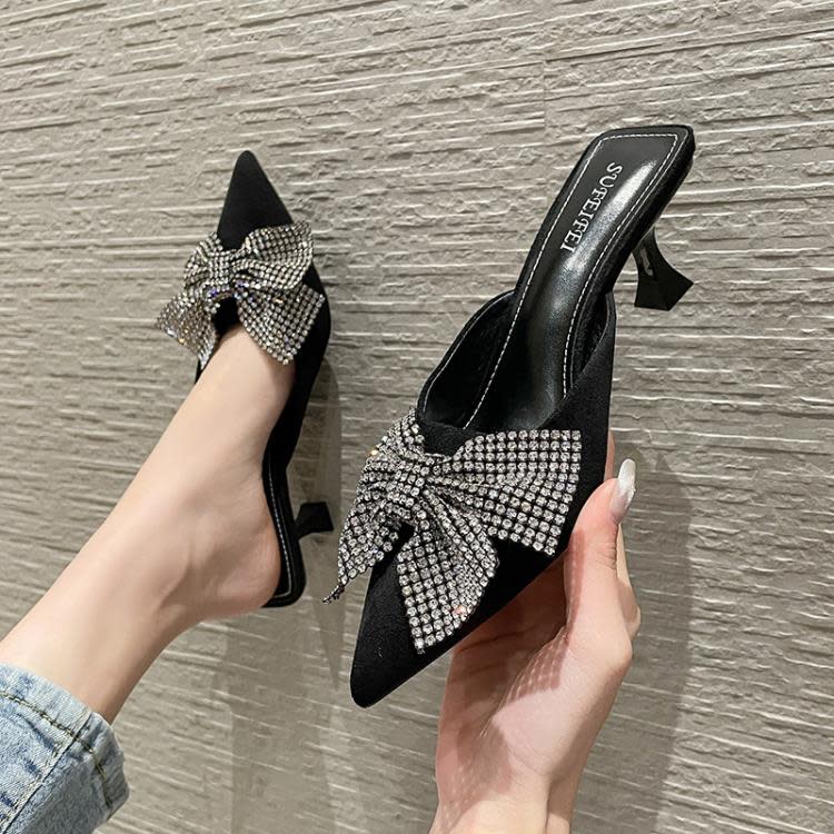 高跟鞋 761-A12時尚蝴蝶結水鉆名媛風女包頭半拖涼鞋2023春夏季新款-細節圖6