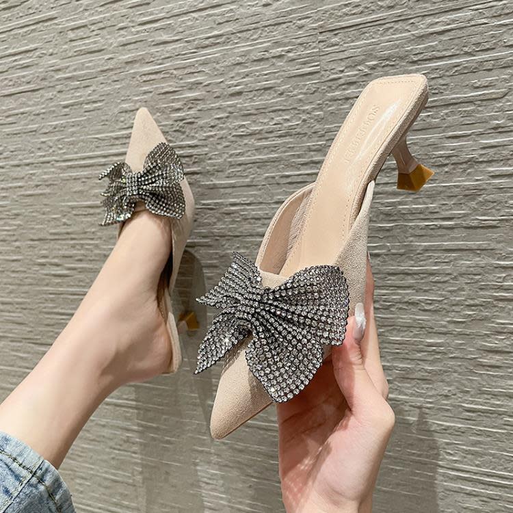 高跟鞋 761-A12時尚蝴蝶結水鉆名媛風女包頭半拖涼鞋2023春夏季新款-細節圖7