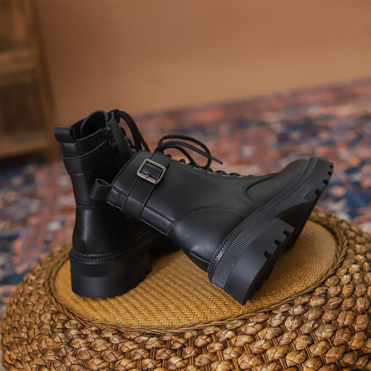 短靴 ins潮英倫風馬丁靴女2023年春秋新款網紅單靴冬季加絨厚底子-細節圖2