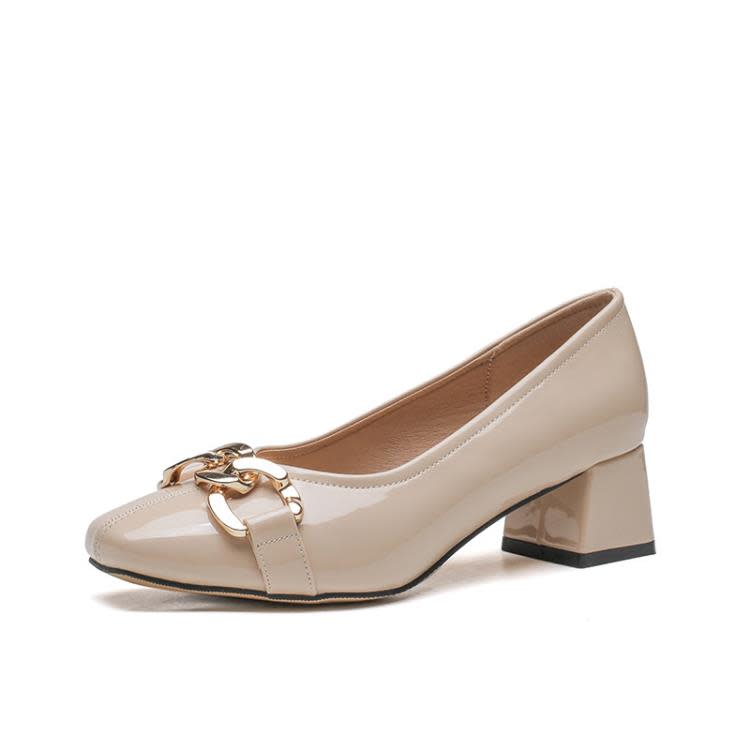 方頭高跟鞋女粗跟2023春季新款復古風職業工作單鞋淺口漆皮大碼鞋-細節圖5