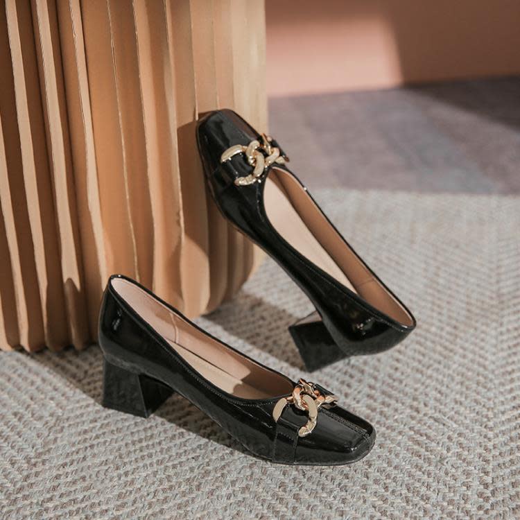 方頭高跟鞋女粗跟2023春季新款復古風職業工作單鞋淺口漆皮大碼鞋-細節圖6