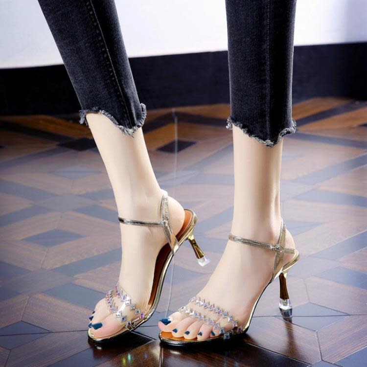 高跟鞋 銀色鞋女夏設計感小眾氣質2023配裙子洋裝透明水鉆細跟一字帶涼鞋-細節圖4