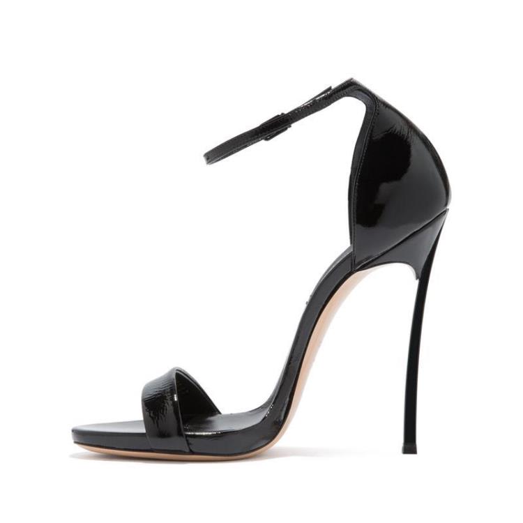 涼鞋 時裝跨境women sandal黑色漆皮金屬細跟女鞋羅馬外貿女鞋12CM-細節圖5