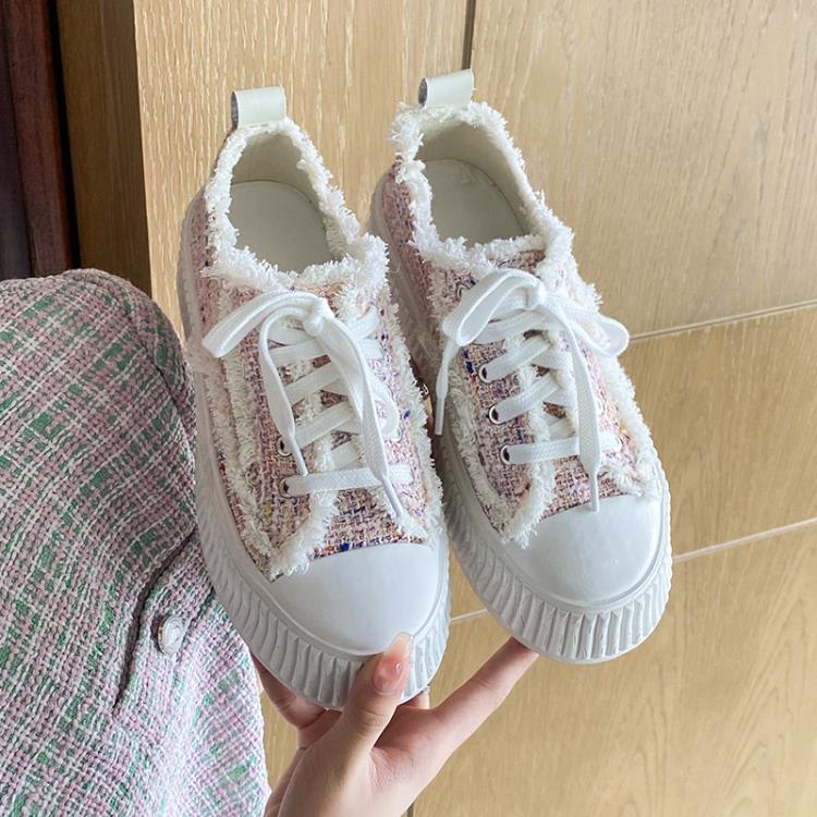 厚底鞋 小香風餅干鞋女2023新款春夏百搭編織內增高帆布鞋松糕小白鞋-細節圖2
