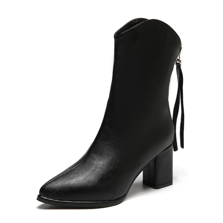 2023年秋冬季新款正韓網紅高跟粗跟加絨短靴瘦瘦靴拉鍊中筒靴-細節圖7