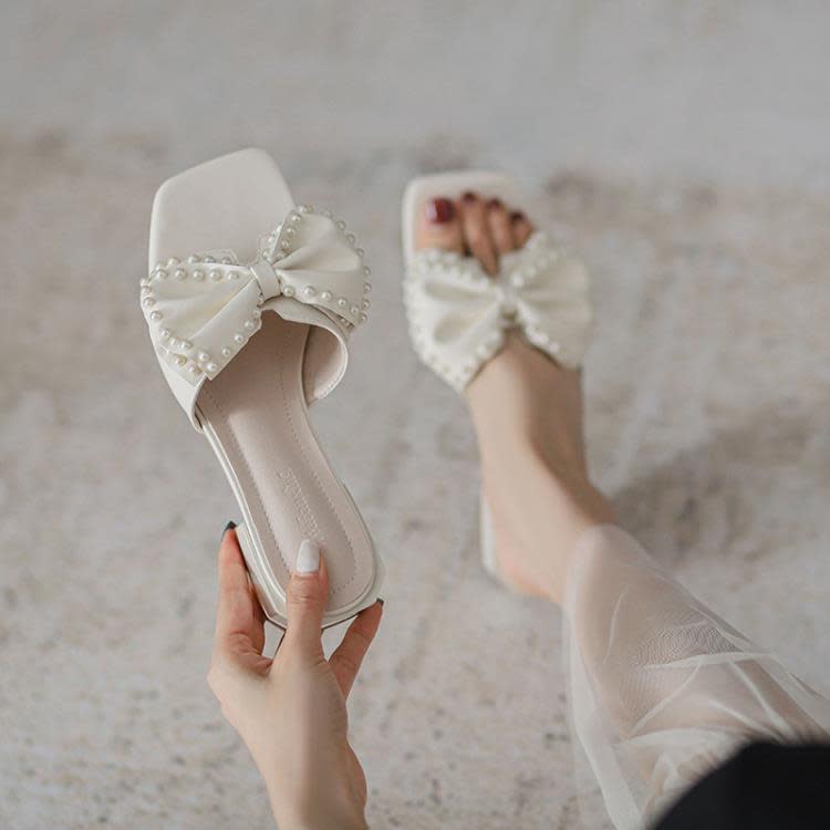 拖鞋 【不補貨】粗跟涼女夏外穿2023年蝴蝶結一字拖仙女風配裙子洋裝-細節圖3