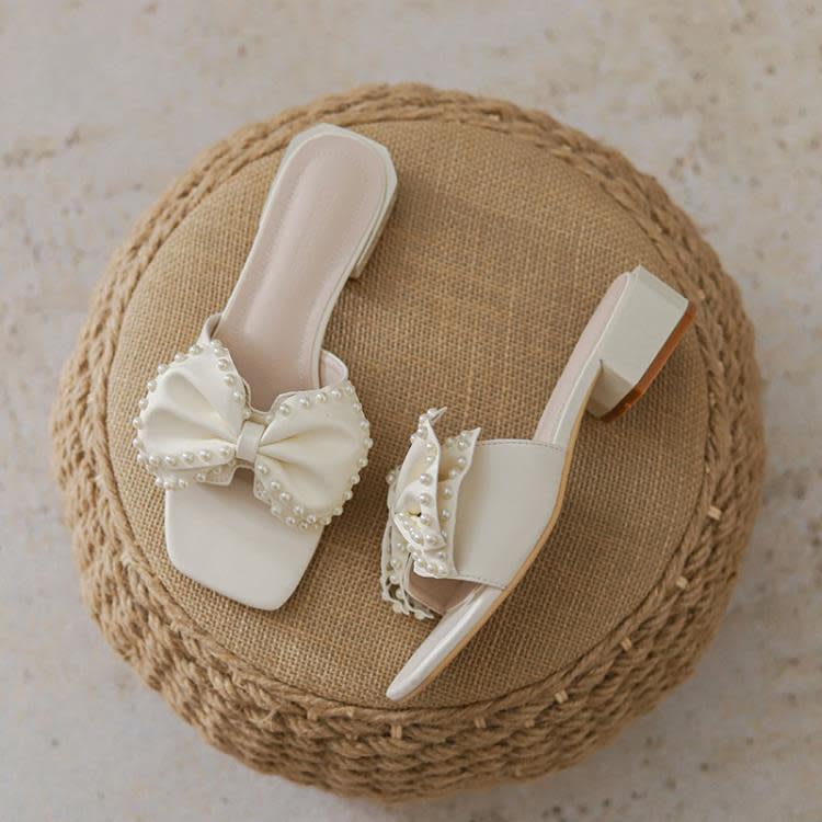 拖鞋 【不補貨】粗跟涼女夏外穿2023年蝴蝶結一字拖仙女風配裙子洋裝-細節圖4