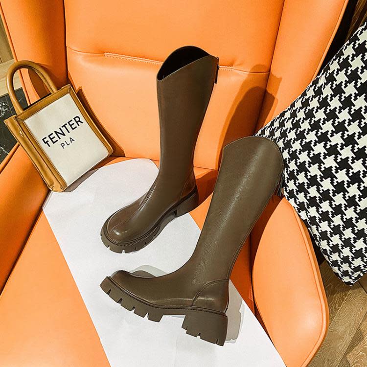 厚底鞋 復古騎士長筒靴女定做圓頭后拉鍊V口長靴女訂製粗跟高筒女靴-細節圖2