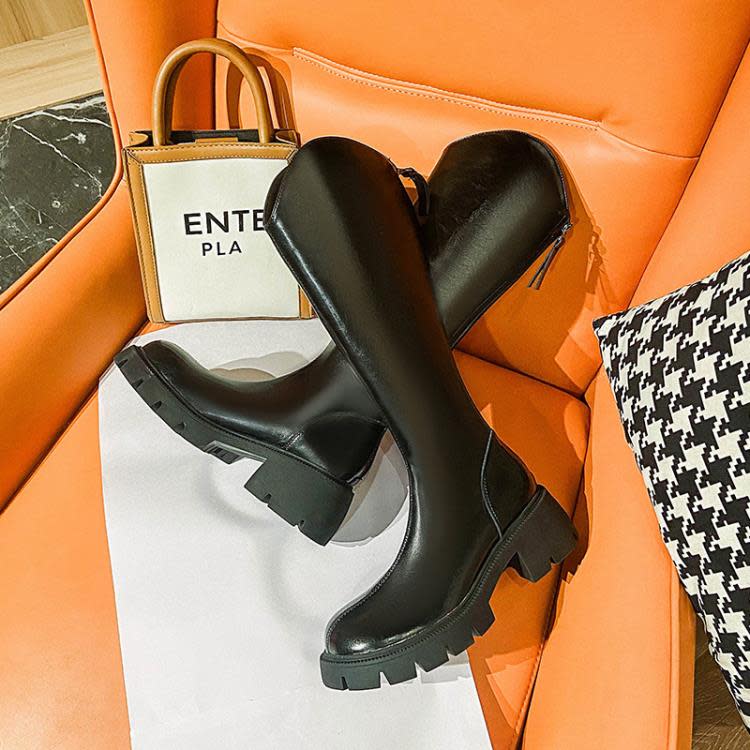 厚底鞋 復古騎士長筒靴女定做圓頭后拉鍊V口長靴女訂製粗跟高筒女靴-細節圖4