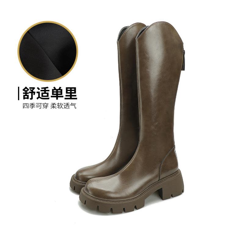 厚底鞋 復古騎士長筒靴女定做圓頭后拉鍊V口長靴女訂製粗跟高筒女靴-細節圖9