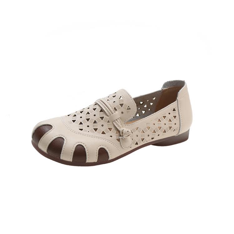 豆豆鞋 鞋2023新款透氣軟底一腳蹬媽媽鞋平底鏤空圓頭單鞋復古單鞋女-細節圖5