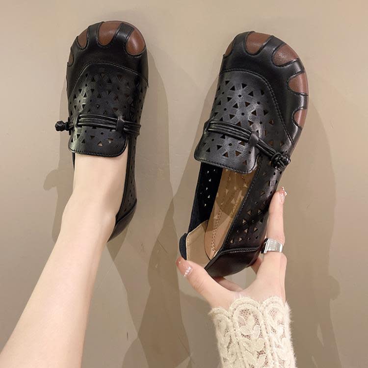 豆豆鞋 鞋2023新款透氣軟底一腳蹬媽媽鞋平底鏤空圓頭單鞋復古單鞋女-細節圖7