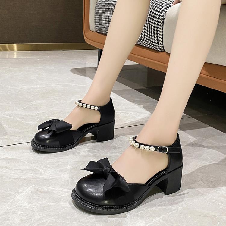 2023夏新款千鳥格瑪麗珍小皮鞋女英倫風蝴蝶結單鞋珍珠一字高跟鞋-細節圖2