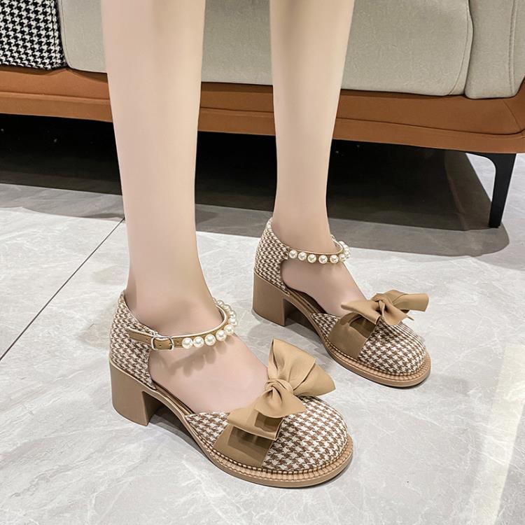2023夏新款千鳥格瑪麗珍小皮鞋女英倫風蝴蝶結單鞋珍珠一字高跟鞋-細節圖3