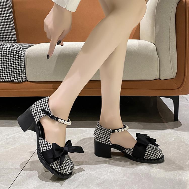2023夏新款千鳥格瑪麗珍小皮鞋女英倫風蝴蝶結單鞋珍珠一字高跟鞋-細節圖4