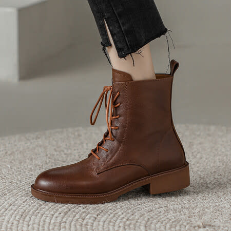 短靴 牛皮2023年秋冬季圓頭低跟復古風女側拉鍊短筒單靴系帶子-細節圖3