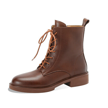 短靴 牛皮2023年秋冬季圓頭低跟復古風女側拉鍊短筒單靴系帶子-細節圖5