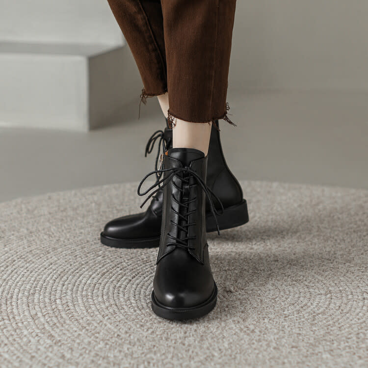 短靴 牛皮2023年秋冬季圓頭低跟復古風女側拉鍊短筒單靴系帶子-細節圖8