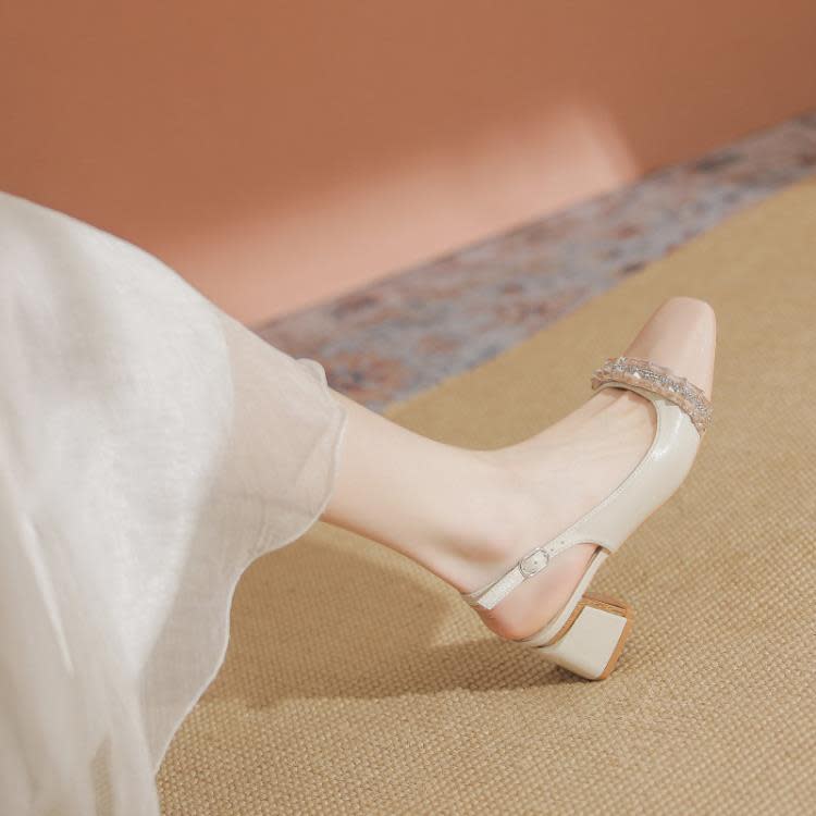 高跟鞋 511-2拼色包頭拖鞋女2023年夏季新款方頭水鉆粗跟后絆帶涼鞋-細節圖2