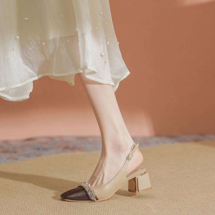 高跟鞋 511-2拼色包頭拖鞋女2023年夏季新款方頭水鉆粗跟后絆帶涼鞋-細節圖3