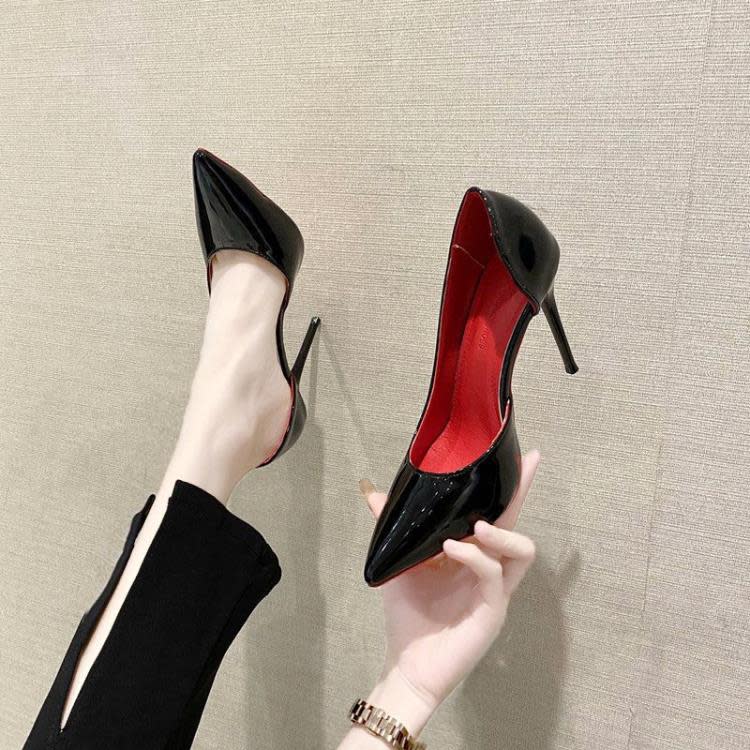 高跟鞋 黑色紅底鞋漆皮單鞋女尖頭氣質名媛不累腳細跟黑絲性感側空鞋-細節圖4