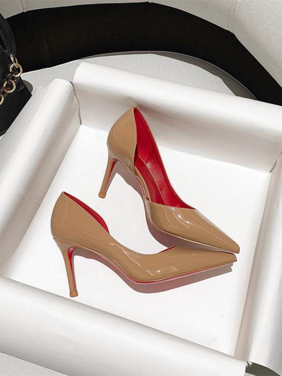 高跟鞋 黑色紅底鞋漆皮單鞋女尖頭氣質名媛不累腳細跟黑絲性感側空鞋-細節圖7