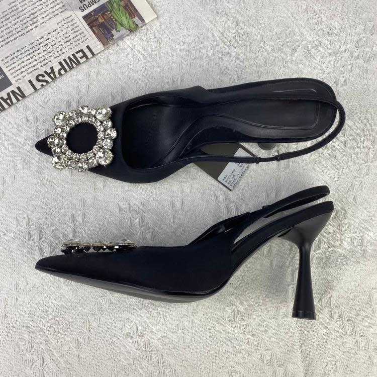 高跟鞋 ZA2023新款女鞋尖頭包頭鞋淺口水鉆后絆帶單鞋黑色涼鞋女-細節圖2