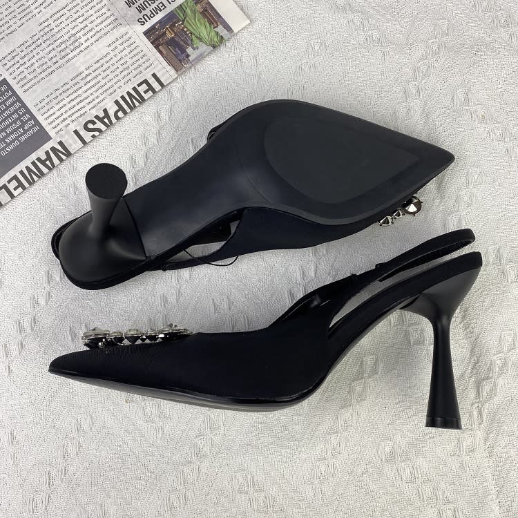 高跟鞋 ZA2023新款女鞋尖頭包頭鞋淺口水鉆后絆帶單鞋黑色涼鞋女-細節圖3