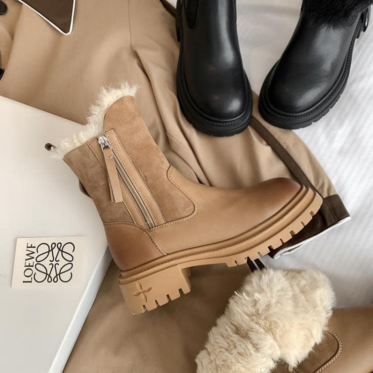 雪靴 女2023冬季新款厚底低跟棉靴側拉鍊粗跟圓頭加厚保暖毛毛靴-細節圖3