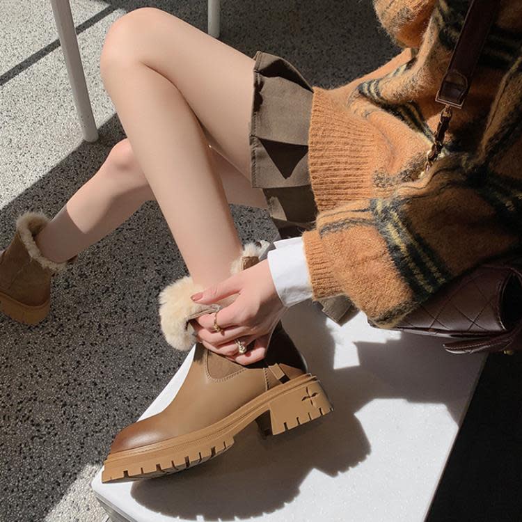 雪靴 女2023冬季新款厚底低跟棉靴側拉鍊粗跟圓頭加厚保暖毛毛靴-細節圖4