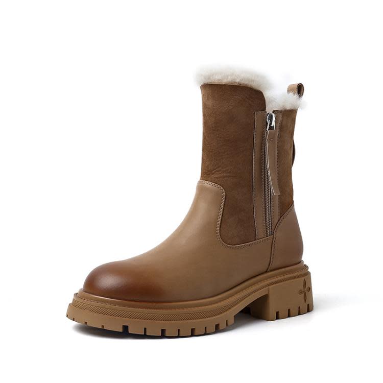 雪靴 女2023冬季新款厚底低跟棉靴側拉鍊粗跟圓頭加厚保暖毛毛靴-細節圖5