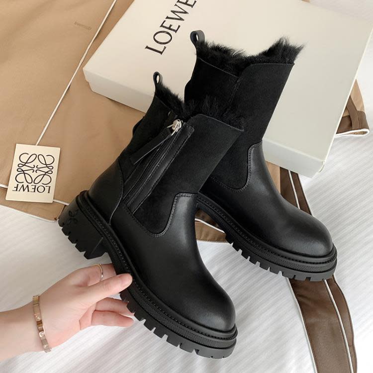 雪靴 女2023冬季新款厚底低跟棉靴側拉鍊粗跟圓頭加厚保暖毛毛靴-細節圖6