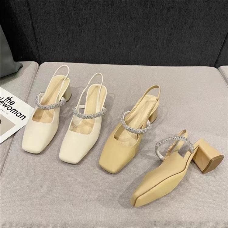 涼鞋 瑪麗珍方頭包頭粗跟一字帶后空2023新款小眾設計感仙女風單鞋-細節圖2