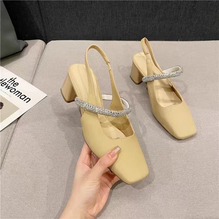 涼鞋 瑪麗珍方頭包頭粗跟一字帶后空2023新款小眾設計感仙女風單鞋-細節圖6