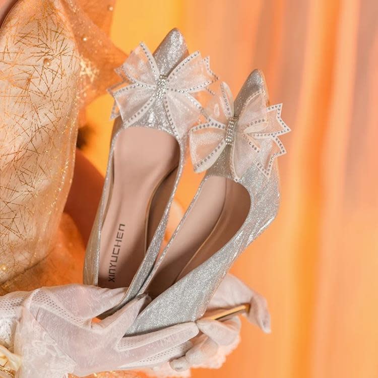 中跟鞋 法式少女小高跟鞋女細跟2023春秋新款銀色伴娘鞋單鞋5cm婚鞋-細節圖4