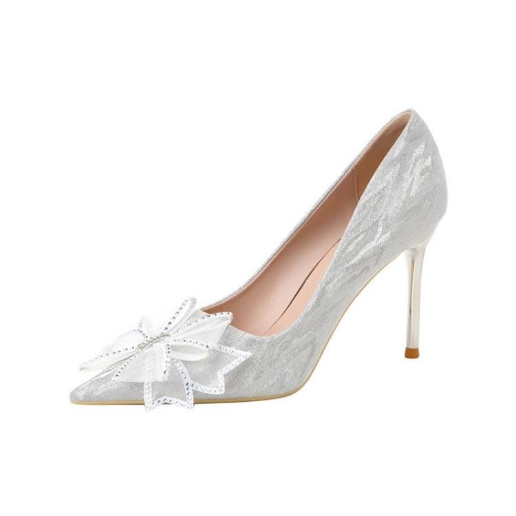 中跟鞋 法式少女小高跟鞋女細跟2023春秋新款銀色伴娘鞋單鞋5cm婚鞋-細節圖5