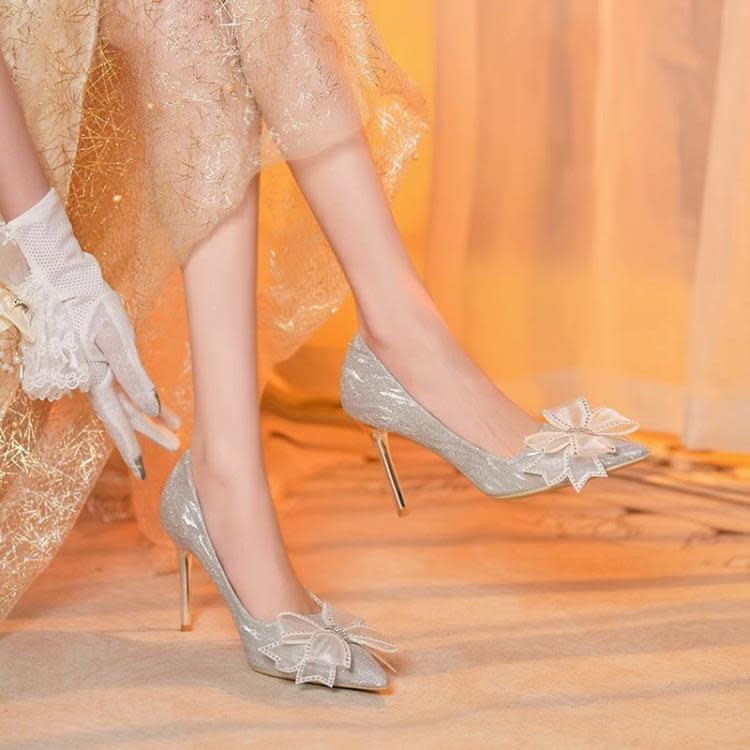 中跟鞋 法式少女小高跟鞋女細跟2023春秋新款銀色伴娘鞋單鞋5cm婚鞋-細節圖6
