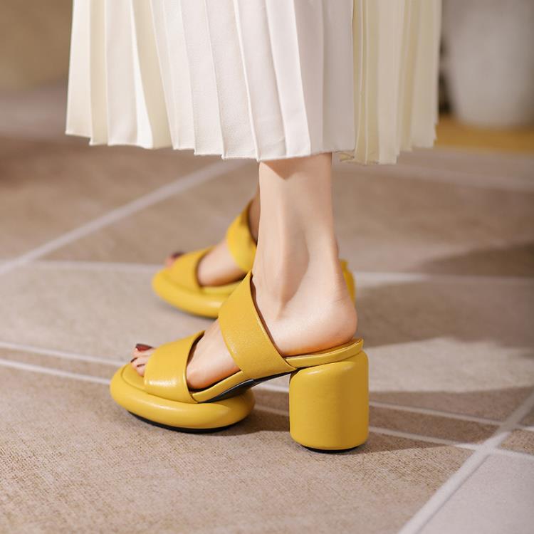 高跟鞋 2023春夏季歐美時尚新款圓跟防水臺一字帶舒適面包涼鞋拖鞋女-細節圖3