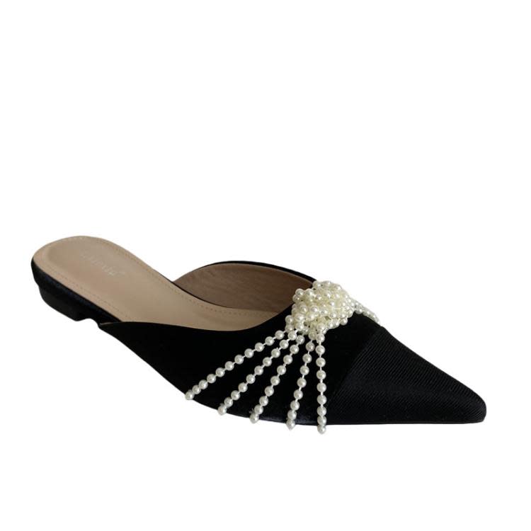 平底涼鞋 小香風拼色珍珠尖頭包頭拖女外穿2023新款正韓平跟懶人半拖鞋-細節圖5