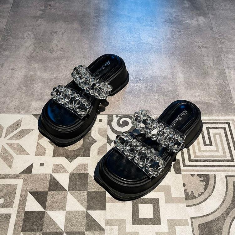 中跟鞋 小個子涼鞋女水鉆女款厚底顯瘦顯高內增高女鞋拖鞋夏外穿時尚-細節圖7