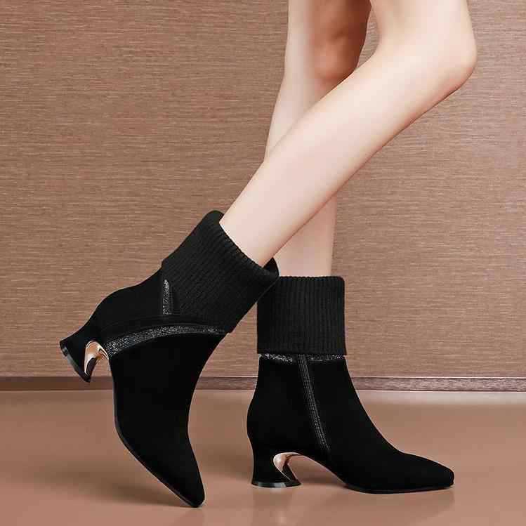 高跟鞋 毛線水鉆短靴女秋2023年秋冬加絨粗跟女靴尖頭針織中筒瘦瘦靴-細節圖3