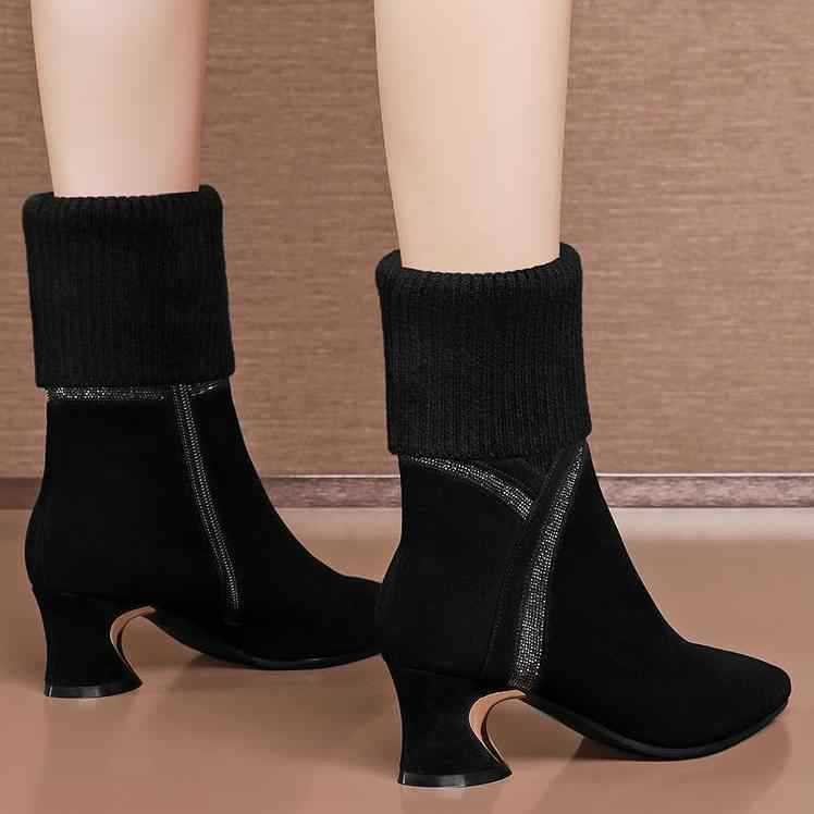 高跟鞋 毛線水鉆短靴女秋2023年秋冬加絨粗跟女靴尖頭針織中筒瘦瘦靴-細節圖4