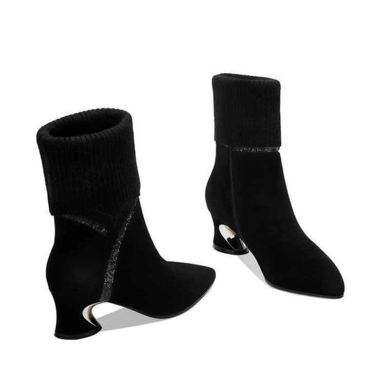 高跟鞋 毛線水鉆短靴女秋2023年秋冬加絨粗跟女靴尖頭針織中筒瘦瘦靴-細節圖5