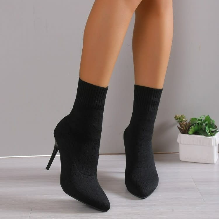 中筒靴 2023春秋新款彈力針織尖頭女細跟馬丁靴毛線襪靴現貨批髮-細節圖7