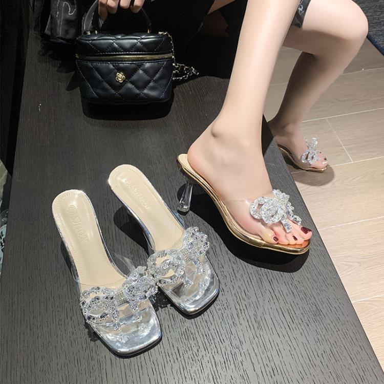 高跟鞋 夏季新款酒杯跟蝴蝶結水晶花涼鞋一字拖舞臺走秀宴會拖鞋-細節圖3
